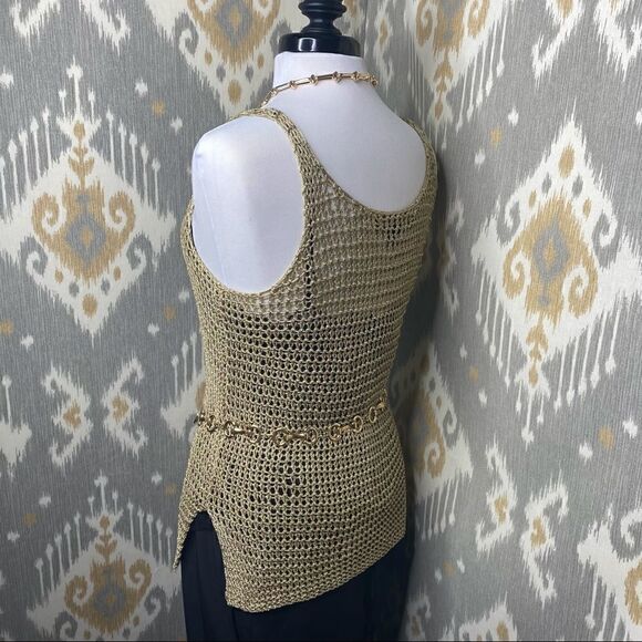 Ralph Lauren Gold Lame Open Hand Knit Mesh Sleeveless Scoop-neck Tank Sweater - Picture 8 of 16